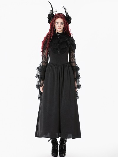 Dark in love Black Gothic Victorian Ruffled Mesh Flared Sleeve Long Dress