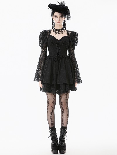 Dark in love Black Gothic Lace Puff Sleeve Princess Short Dress