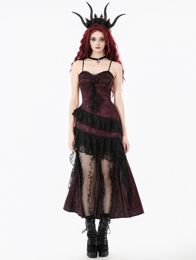 Dark in love Red Rose Gothic Asymmetric Layered Lace Ruffle Dress