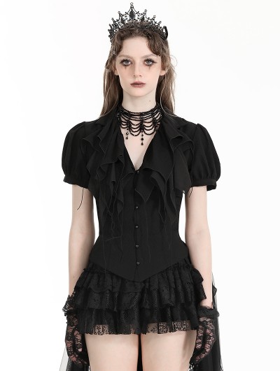 Dark in love Black Gothic Deep V-neck Ruffle Shirt for Women