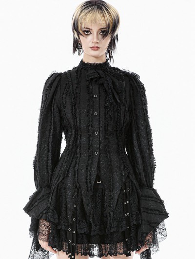 Dark in love Black Tattered Gothic Lace Trim Shirt for Women