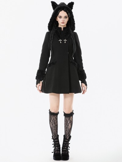 Dark in love Black Gothic Cute Cat Ear Fuzzy Hoodie Coat for Women