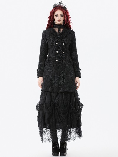 Dark in love Black Retro Gothic Jacquard Velvet Coat for Women