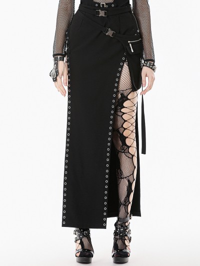 Dark in love Black Sexy Gothic Punk Buckle Strap High-Slit Long Skirt