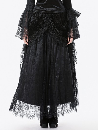 Dark in love Black Gothic Court Floral Tassel Lace Velvet Maxi Skirt