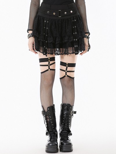 Dark in love Black Gothic Punk Eyelet Strap Lace Mini Skirt