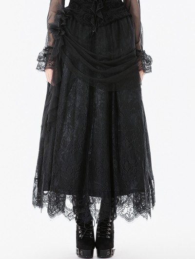 Dark in love Black Gothic Retro Lace Floral Pleated Tulle Maxi Skirt
