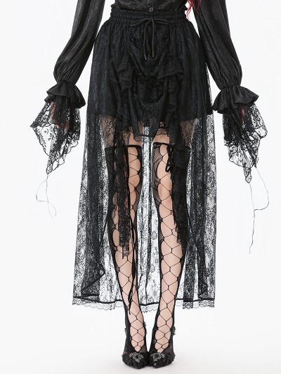 Dark in love Black Gothic Retro Floral Mesh Lace High-Low Skirt