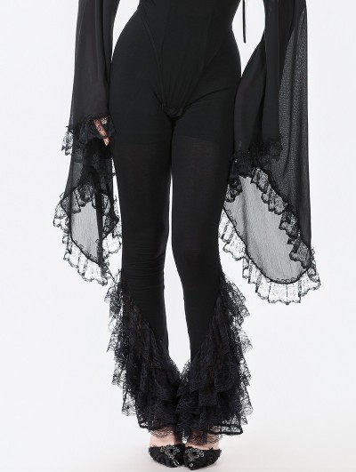 Dark in love Black Gothic Multi-Layer Lace Trim Flared Leggings for Women