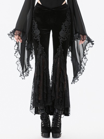 Dark in love Black Retro Gothic Lace Applique Velvet Flared Pants for Women