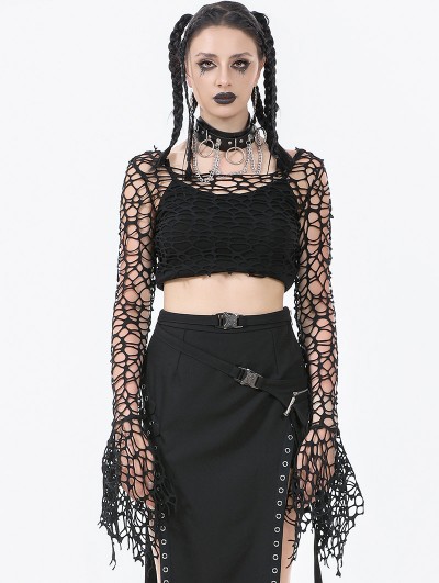 Dark in love Black Gothic Punk Irregular Distressed Crop Top for Women