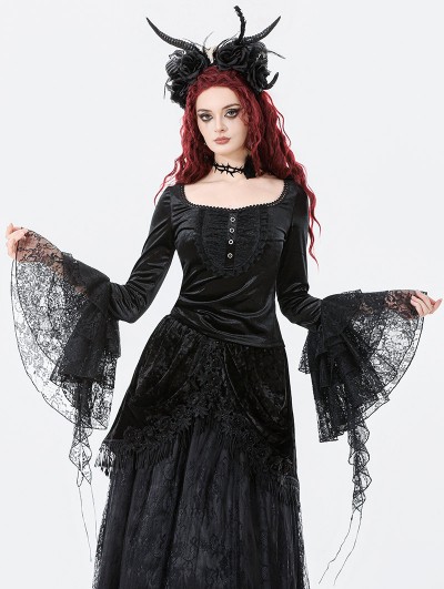 Dark in love Black Gothic Retro Flared Sleeve Velvet Top for Women