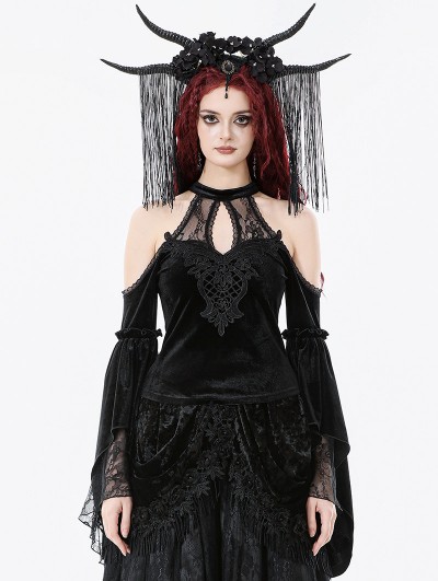 Dark in love Black Gothic Retro Lace Applique Off-Shoulder Velvet Top for Women