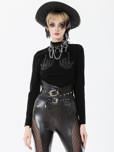 Dark in love Black Gothic Punk Skeleton Hand Leather Applique T-Shirt for Women
