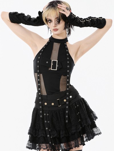 Dark in love Black Gothic Punk Mesh Halter Sleeveless Top for Women
