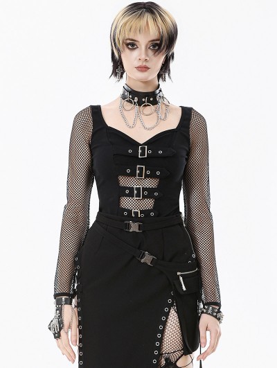 Dark in love Black Gothic Punk Mesh Panel Long Sleeve T-Shirt for Women