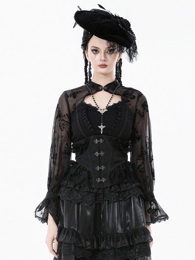 Dark in love Black Gothic Butterfly Patterned Mesh Long Sleeve Top for Women