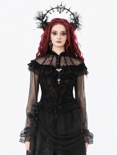 Dark in love Black Gothic Retro Rose Pattern Sheer Mesh Spliced Top for Women