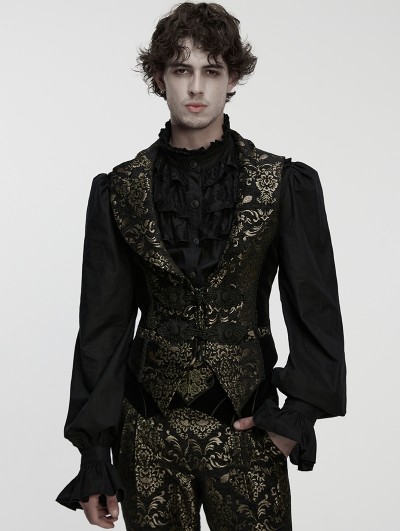 Punk Rave Black and Gold Gothic Medieval Pattern Lapel Vest for Men
