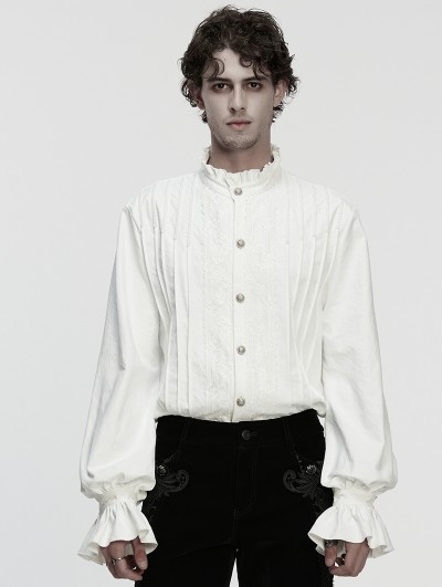 Punk Rave White Gothic 3D Pleated Lace Embroidered Shirt for Men