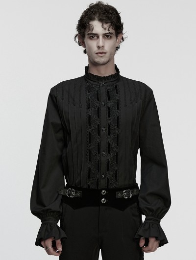 Punk Rave Black Gothic 3D Pleated Lace Embroidered Shirt for Men
