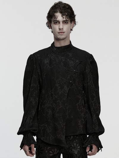 Punk Rave Black Gothic Textured Irregular Placket Shirt for Men