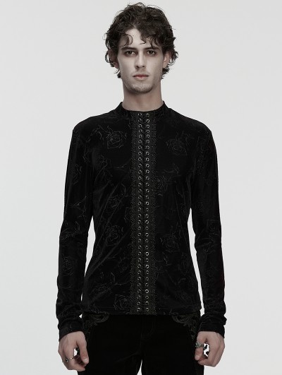 Punk Rave Black Gothic Rose Embossed Lace-Up T-Shirt for Men