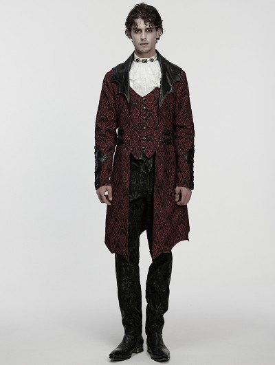 Punk Rave Red Gothic Palace Jacquard Bat Lapel Collar Tail Coat for Men