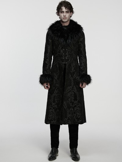 Punk Rave Black Gorgeous Jacquard Gothic Fur Collar Coat for Men
