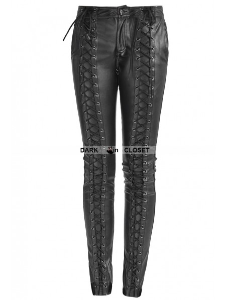 Punk Rave Black Gothic Leather Strap Pants for Women - DarkinCloset.com