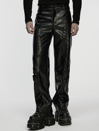 Punk Rave Black Gothic Cyberpunk Straight Leather Pants for Men