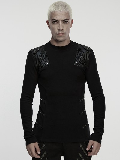 Punk Rave Black Gothic Handsome Punk Splicing Knitted T-Shirt for Men