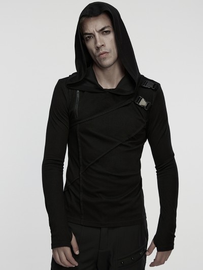 Punk Rave Black Gothic Cyberpunk Asymmetric Hooded T-Shirt for Men