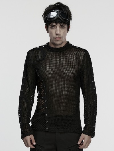 Punk Rave Black Gothic Punk Asymmetric Splicing Mesh T-Shirt for Men