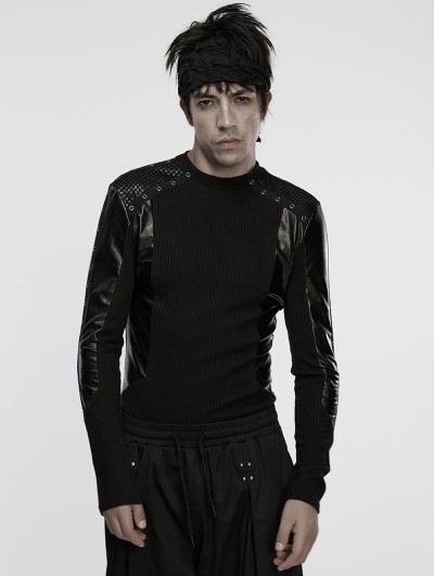 Punk Rave Black Gothic Cyberpunk Striped Long Sleeve T-Shirt for Men