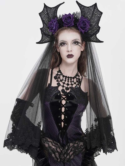 Eva Lady Black Gothic Batwing Rose Mesh Headband Veil