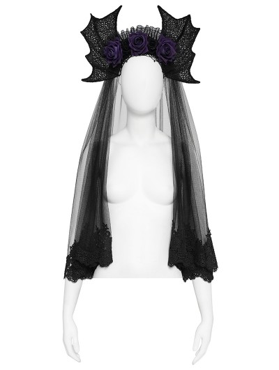 Eva Lady Black Gothic Batwing Rose Mesh Headband Veil