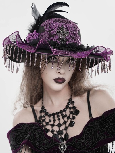 Eva Lady Black and Purple Vintage Gothic Frilly Feather Beaded Tassel Hat