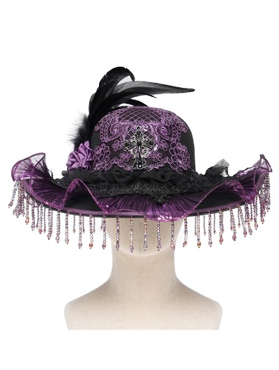 Eva Lady Black and Purple Vintage Gothic Frilly Feather Beaded Tassel Hat