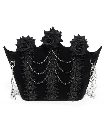 Eva Lady Black Gothic Velvet Rose Beading Chain Shoulder Bag