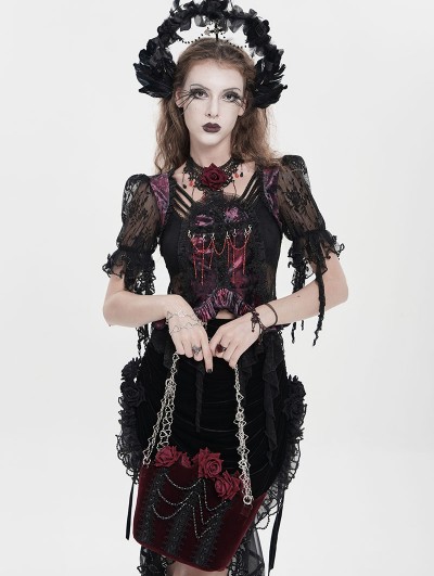 Eva Lady Burgundy Gothic Velvet Rose Beading Chain Shoulder Bag
