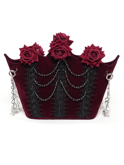 Eva Lady Burgundy Gothic Velvet Rose Beading Chain Shoulder Bag