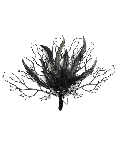 Eva Lady Black Gothic Metal Cross Branch Rose Feather Fan
