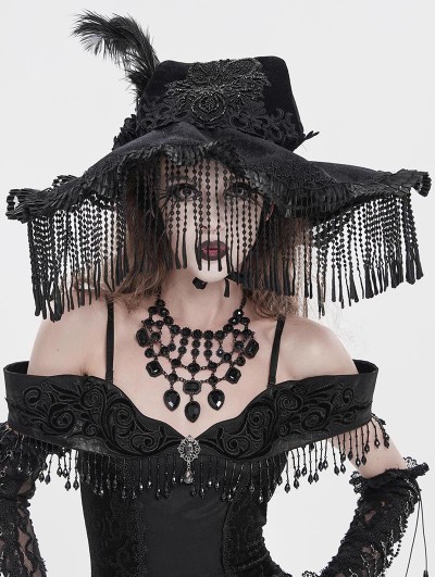 Eva Lady Black Victorian Gothic Witch Beaded Fringe Feather Hat