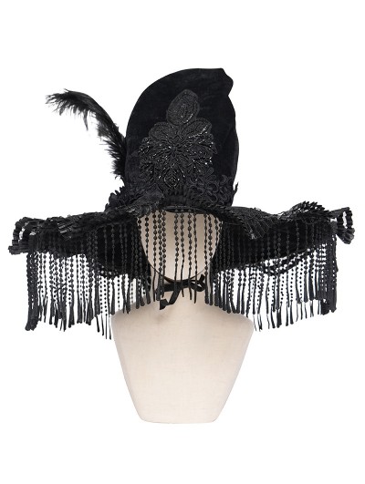 Eva Lady Black Victorian Gothic Witch Beaded Fringe Feather Hat