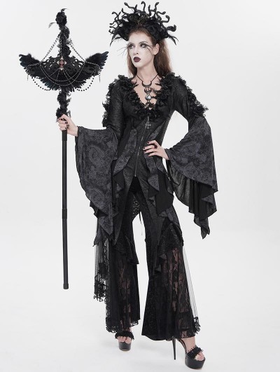 Eva Lady Black Gothic Retro Cross Beaded Chain Feather Scepter