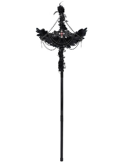 Eva Lady Black Gothic Retro Cross Beaded Chain Feather Scepter