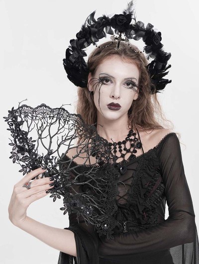 Eva Lady Black Gothic Vintage Branch Floral Lace Fan