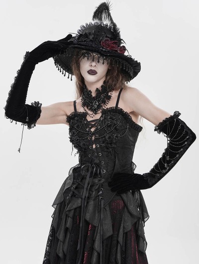 Eva Lady Black Gothic Retro Lace Appliqued Velvet Gloves