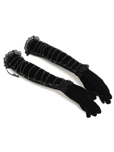 Eva Lady Black Gothic Retro Lace Appliqued Velvet Gloves